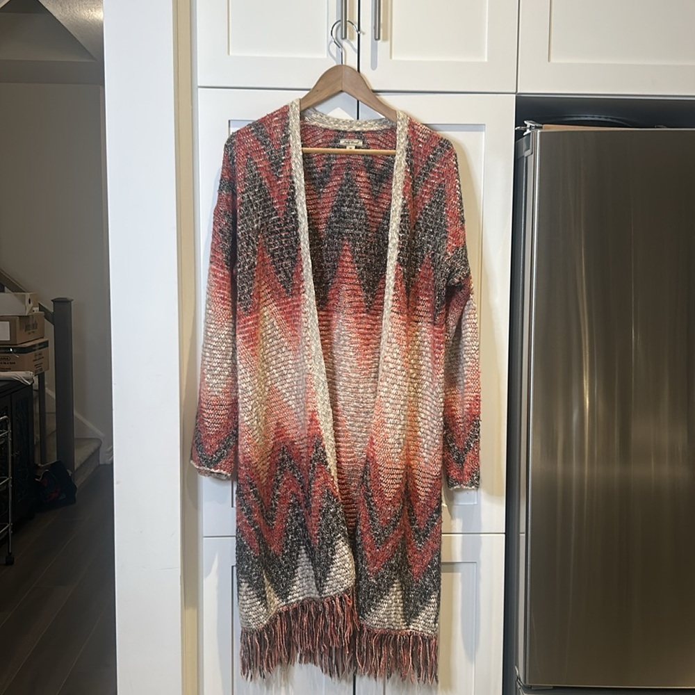 Lucky Brand Aztec Print Southwestern print Long Open Fringe Cardigan Size M - Picture 7 of 13